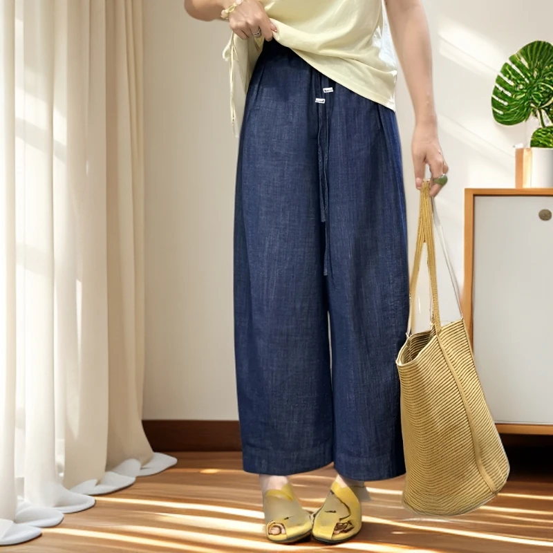 孕妇牛仔裤休闲外穿夏季薄款抽绳阔腿裤软牛仔企鹅裤九分裤子夏天