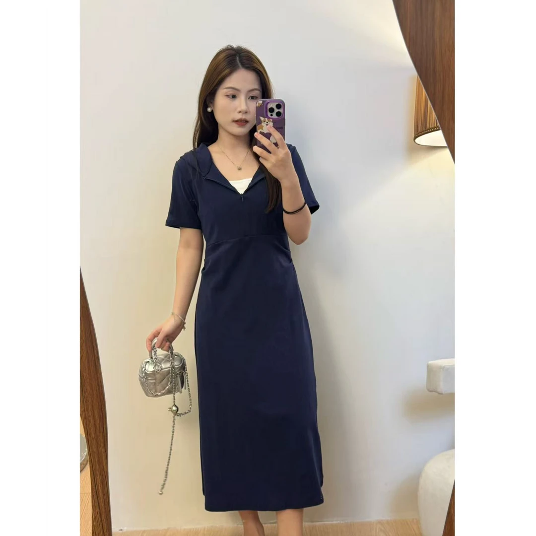 小个子藏青色连帽连衣裙休闲风中长款夏季收腰显瘦设计感
