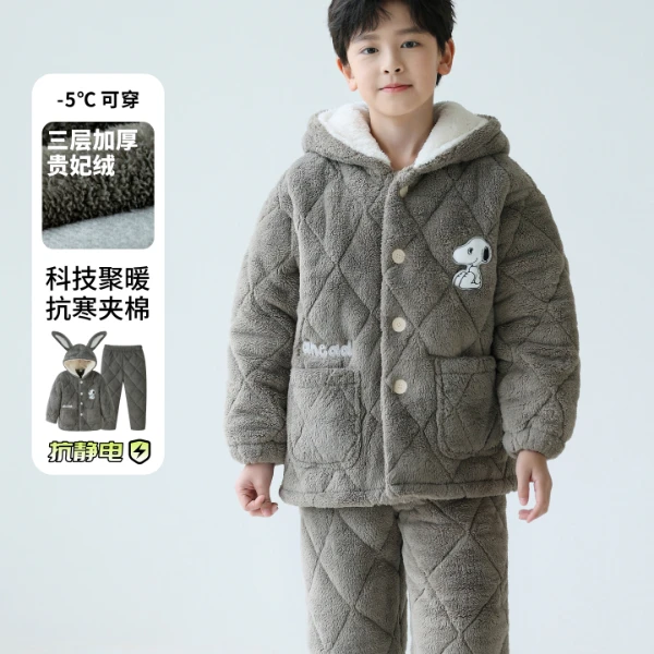 儿童睡衣冬季男童法兰绒三层夹棉加厚卡通中大童男孩珊瑚绒家居服