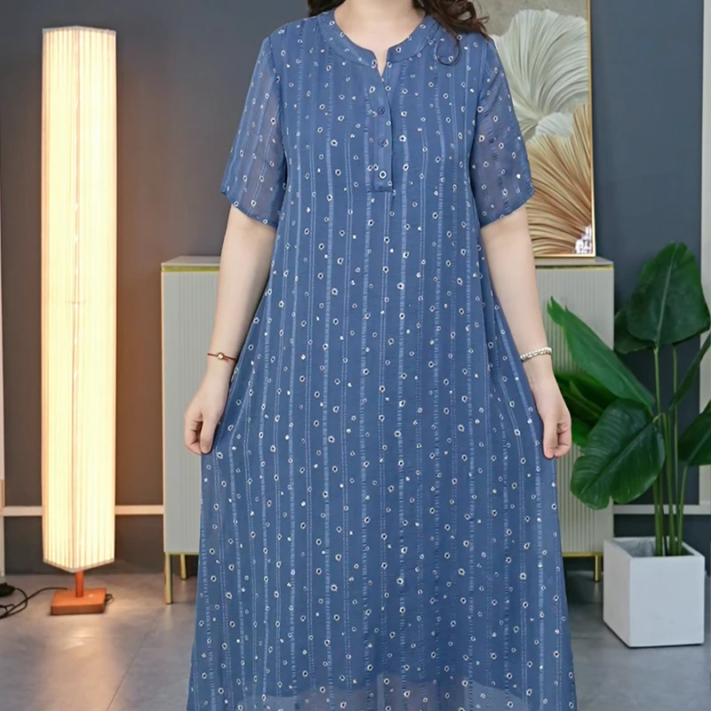 夏季清凉大码女装短袖气质圆领显瘦遮腰连衣裙0079