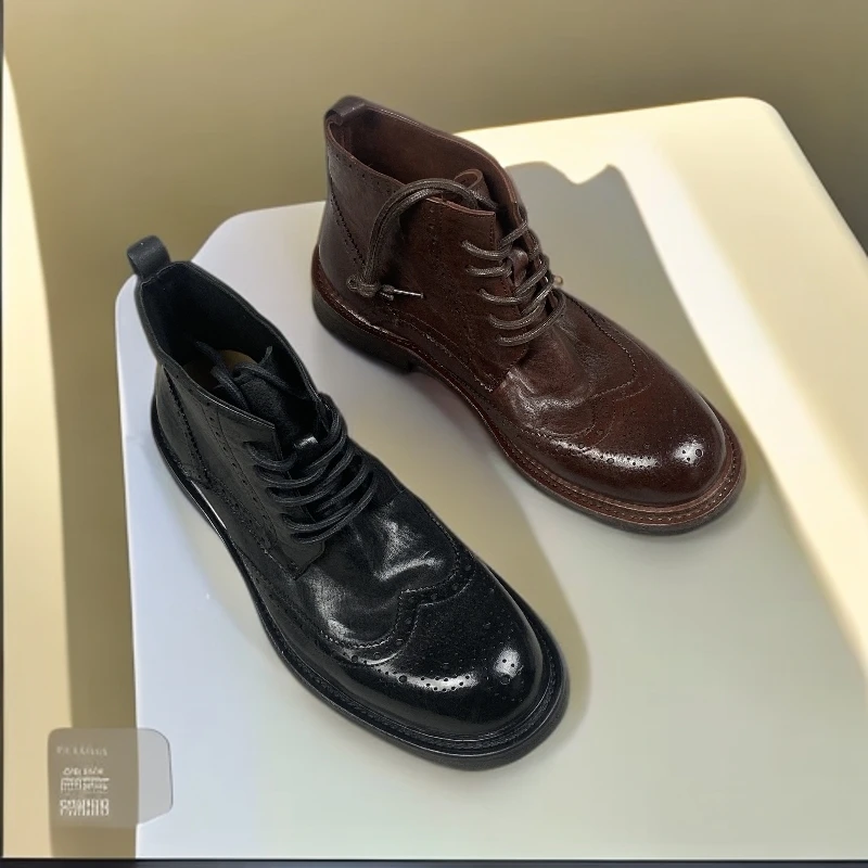 布洛克马皮百搭真皮男款圆头马丁靴复古厚底英伦风秋冬系带