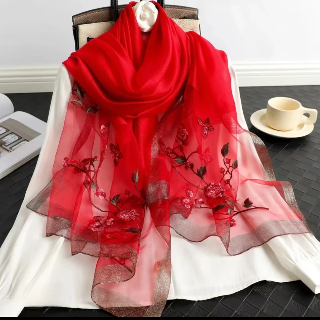 C245 云想衣裳花想容 大红色 桑蚕丝羊毛刺绣丝巾围巾披肩70*180