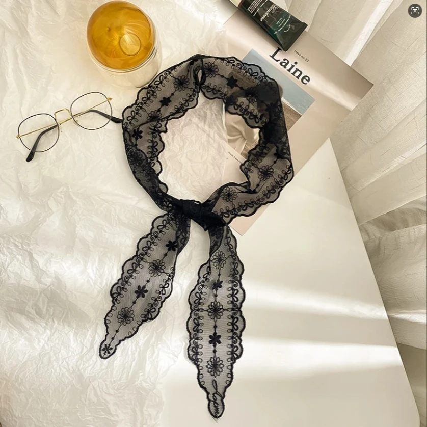 名媛淑女蕾丝丝巾仙范窄长蕾丝超美显气质装饰发带领巾绑包多用