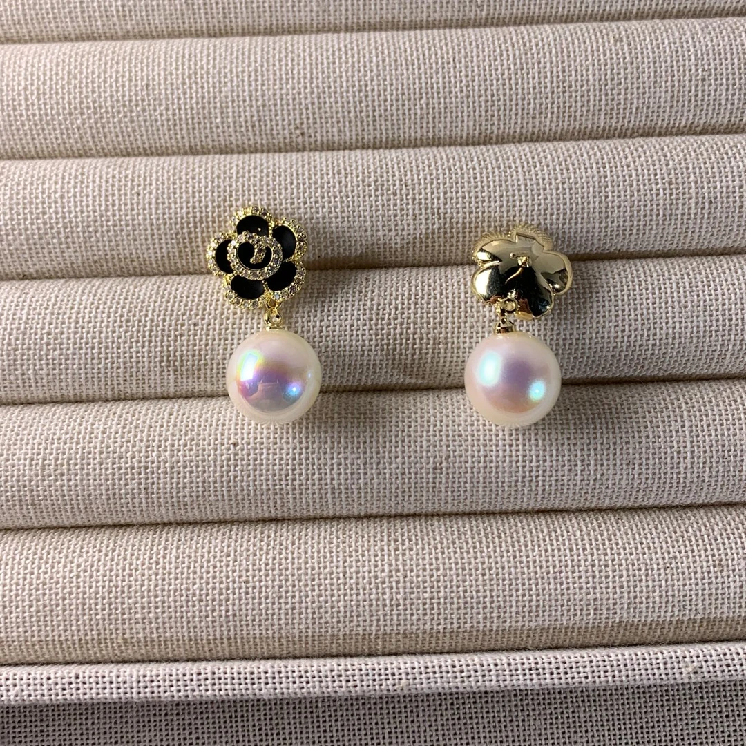 铜合金仿珍珠耳饰 镶钻花瓣珍珠925银针耳钉耳坠