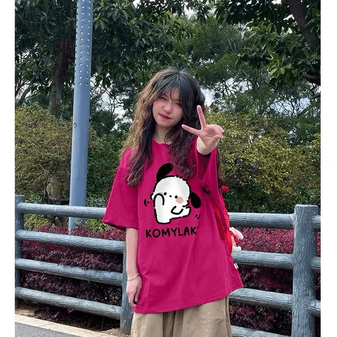 多巴胺穿搭火龙果色重磅纯棉短袖t恤女夏季美式高街宽松百搭上衣t