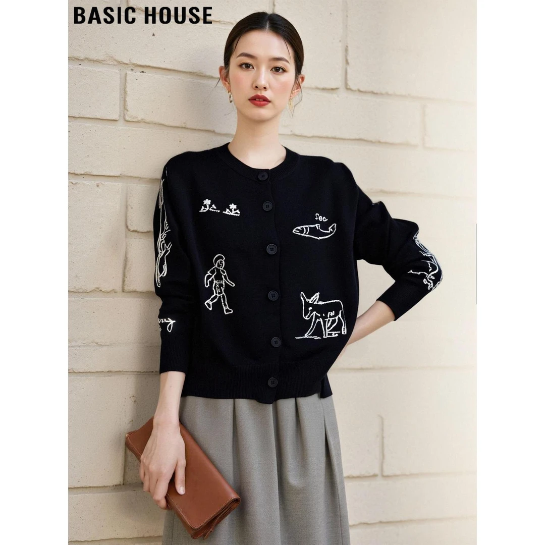 Basic House/百家好绣花软糯针织开衫女士2025秋冬毛衣外套简约风