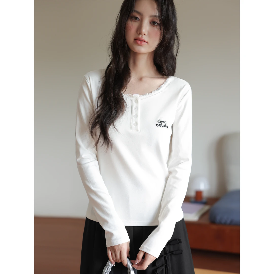 爱蔷薇大码胖mm蕾丝拼接白色t恤女2025新款秋季长袖上衣女GT78315