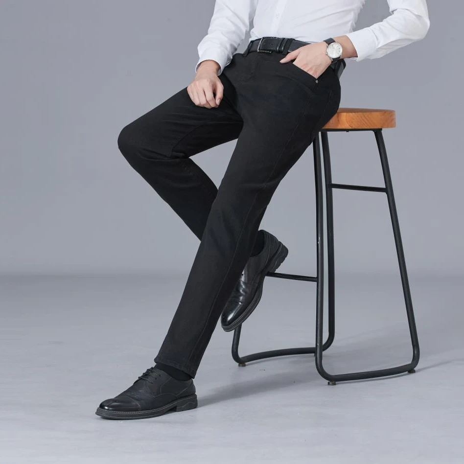 秋冬季男士纯黑商务直筒男士休闲牛仔裤高腰宽松修身男裤小黑牛