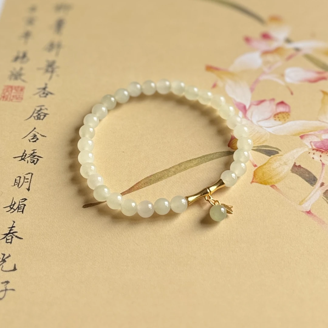 天然女款和田玉手串 白玉5mm+ 单圈 白色国风 气质精美520礼物