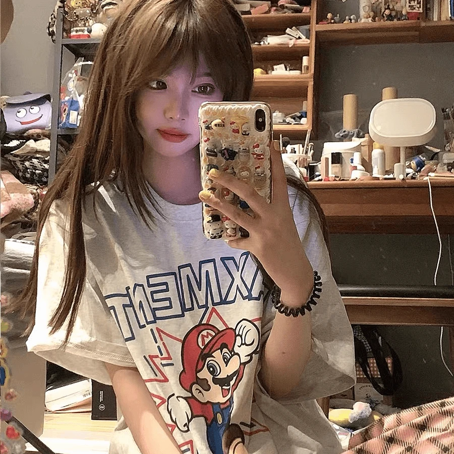 100%纯棉美式复古卡通马里奥白色ins短袖T恤女夏季hiphop半袖上衣