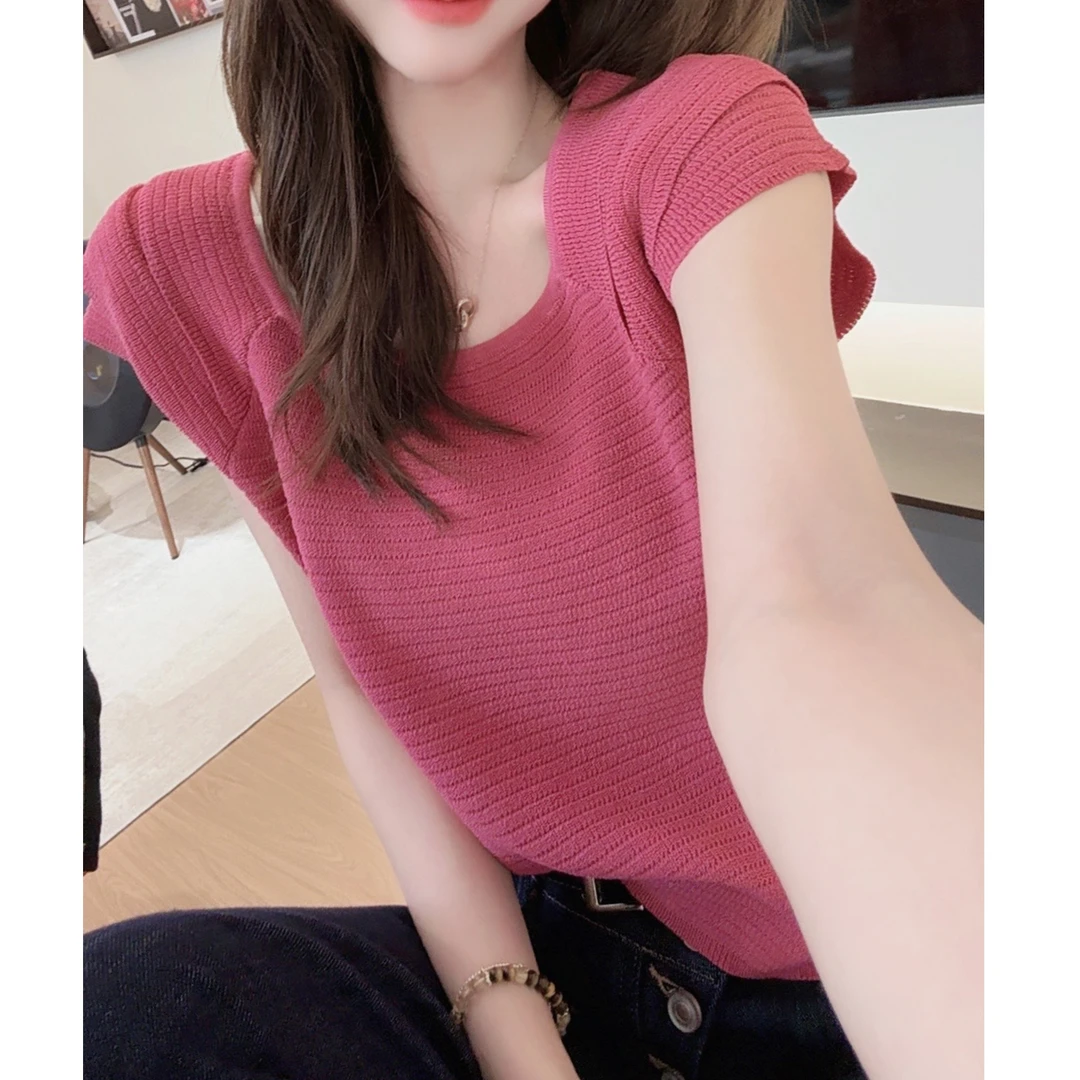 2025夏季简约夏季纯色气设计感上衣减龄显瘦拼接短袖针织衫H7-61