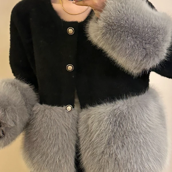 黑灰色毛毛毛外套气质轻奢百搭时尚