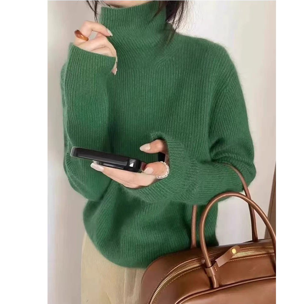 秋冬新款时尚绿色毛衣女高领气质减龄针织衫