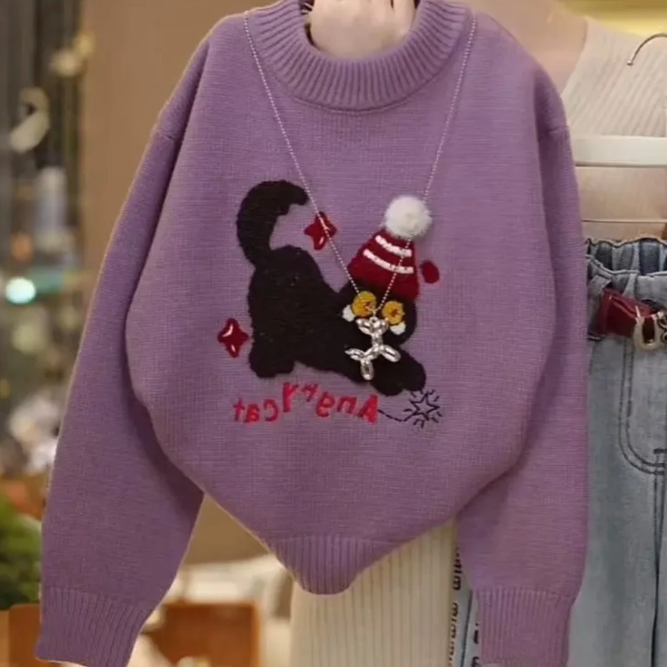 女童2025冬季韩版新款针织加厚毛衣圆领百搭卡通中小童儿童针织衫