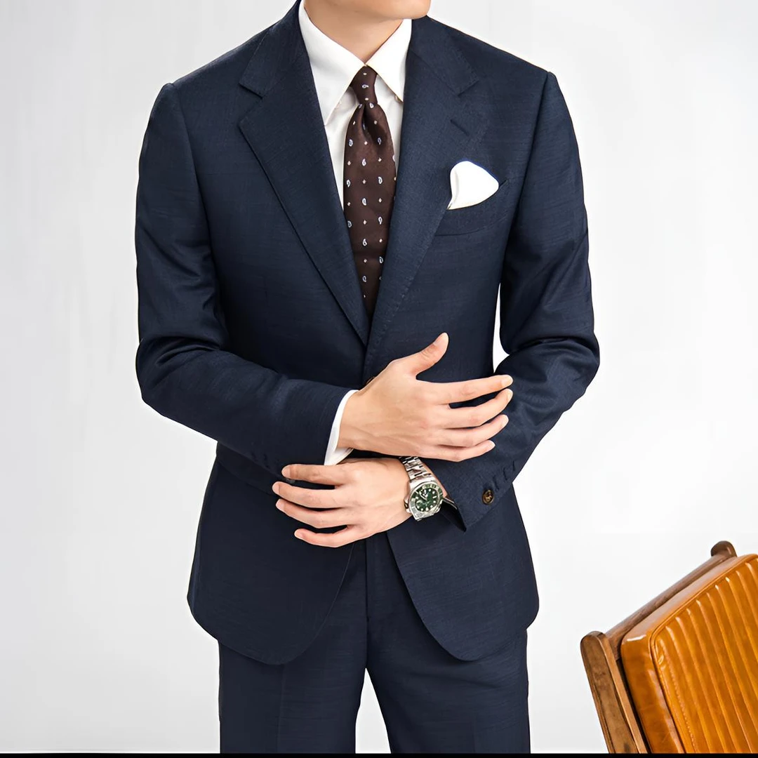 平驳领藏青色单排扣商务休闲西服西装时尚婚礼职业结婚西服