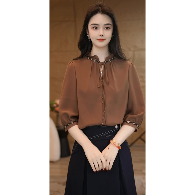【小陈甄选】欧若风曼贝衬衫女士高级显瘦8592385A摩卡棕气质短袖