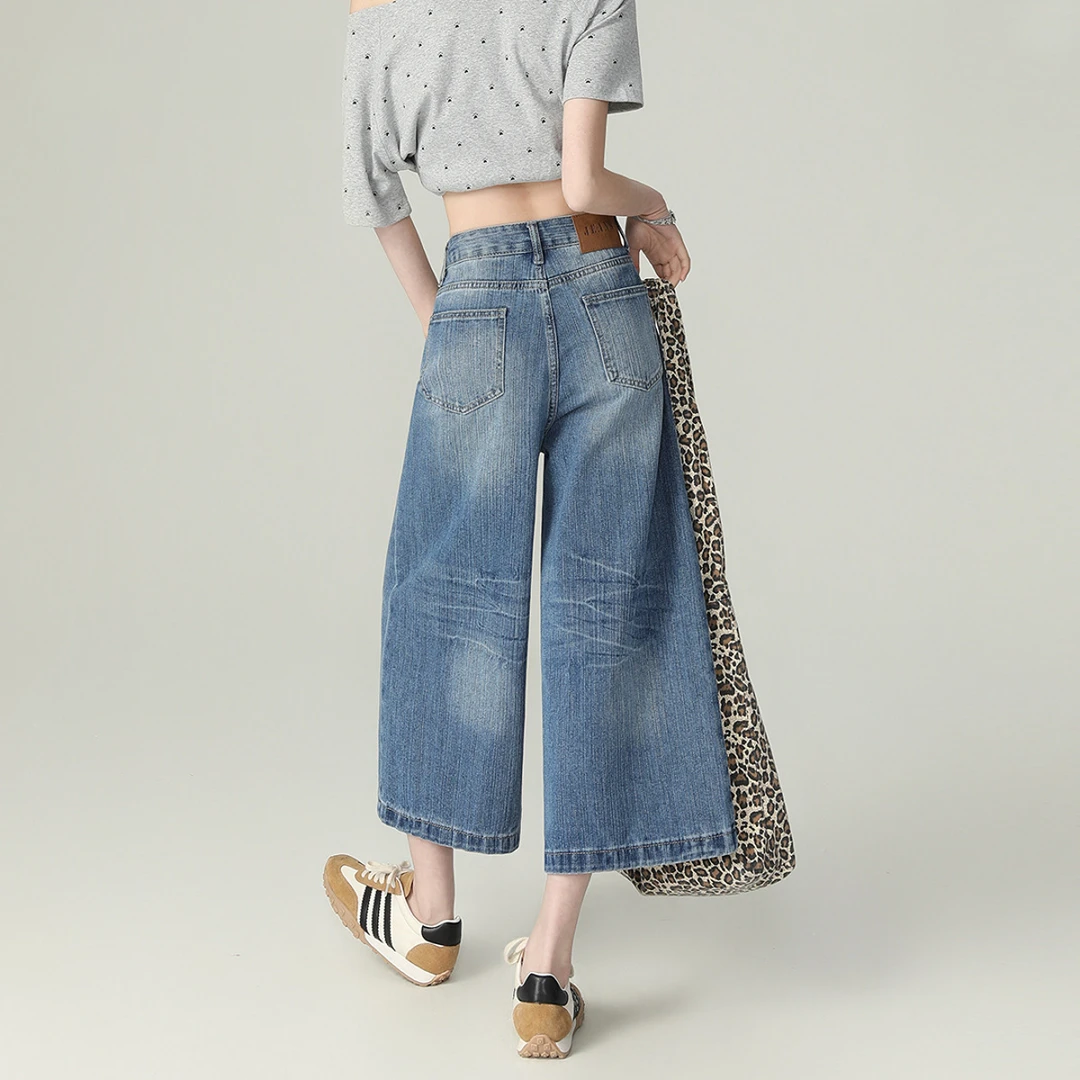 大码阔腿牛仔裤女2025年夏季新款高腰显瘦直筒宽松百搭七分中裤子
