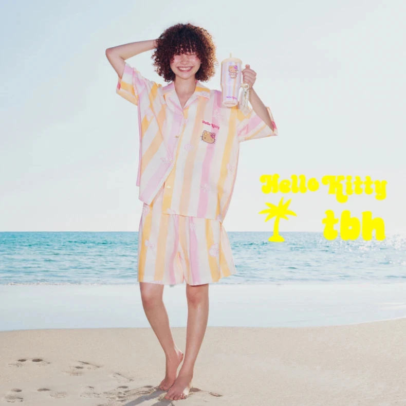 tbh/野兽派家居Hello Kitty粉彩风天丝棉家居服四季外穿情侣睡衣