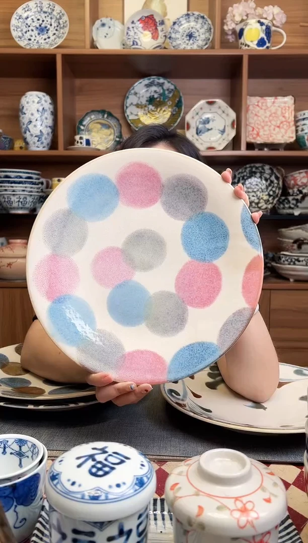 瓷片笔青粉色点打28cm大盘