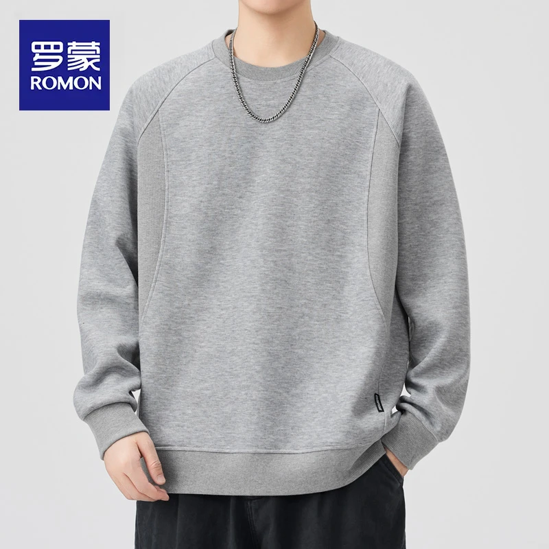 罗蒙2025新款春秋款休闲百搭长袖T恤重磅上衣男灰色圆领卫衣男士