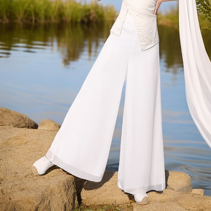 新中式国风白色裙裤冰丝阔腿裤女夏2025新款高腰宽松裤裙大脚裤子