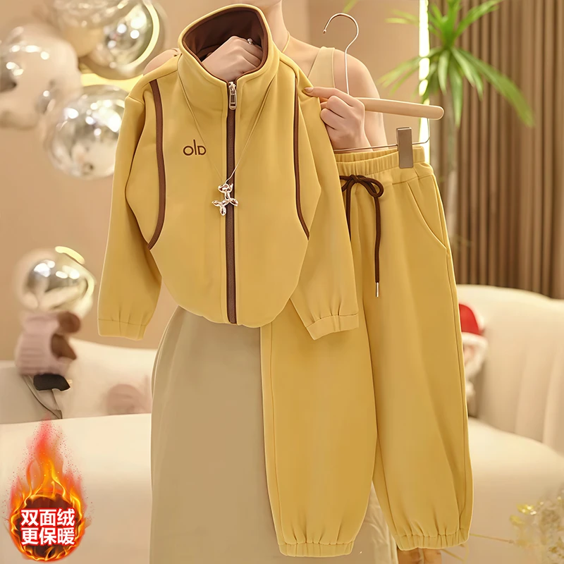女童双面绒外套卫裤套装秋冬2025新款加厚一体绒加绒连帽两件套潮