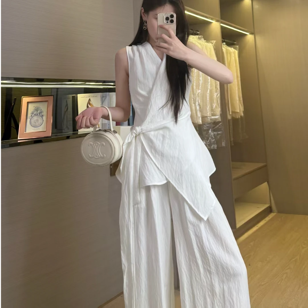 春夏法式套装高级感慵懒气质无袖V领上衣休闲阔腿裤两件套亚麻