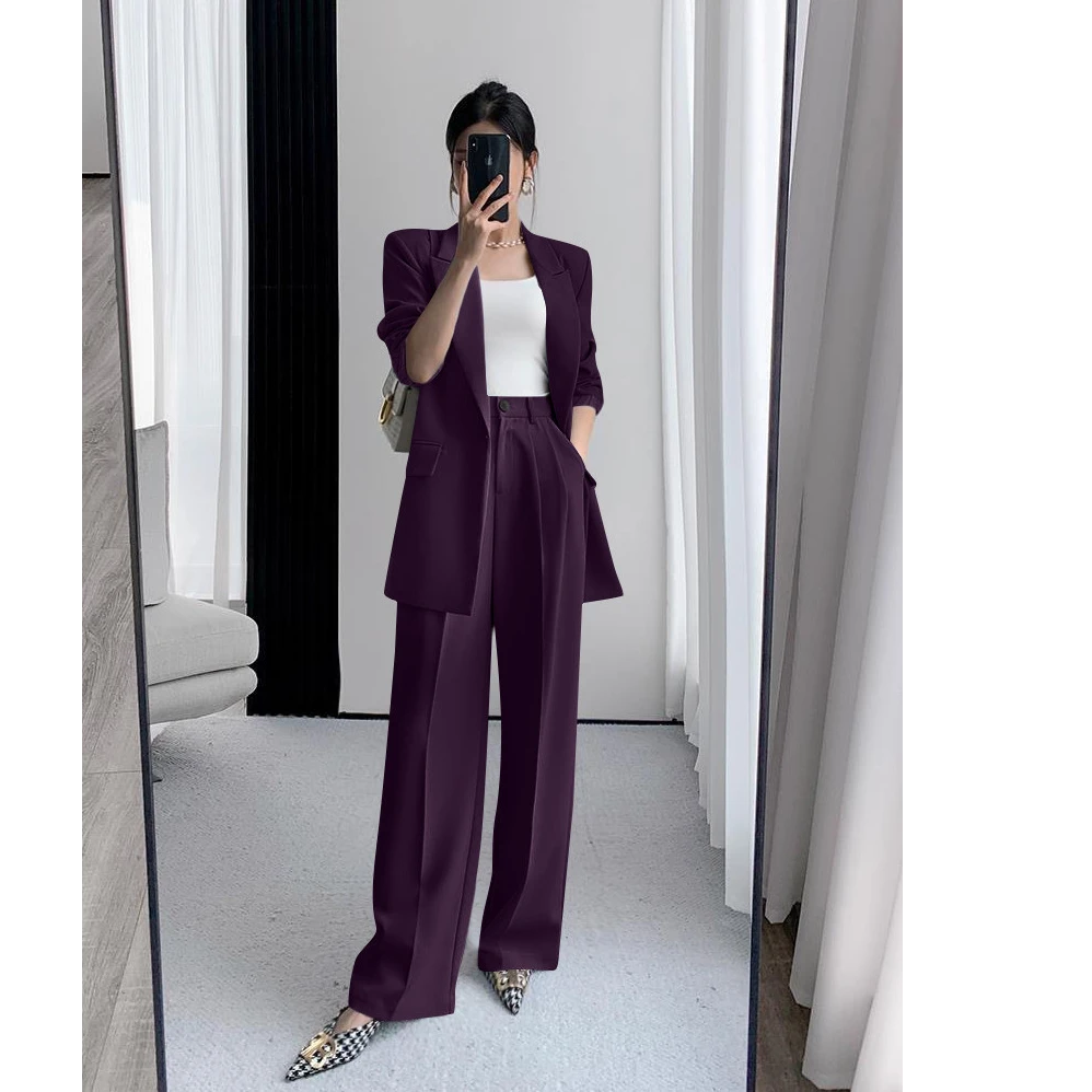 大码深紫色西装套装女胖mm春秋高级感显瘦长袖西服阔腿裤两件套女