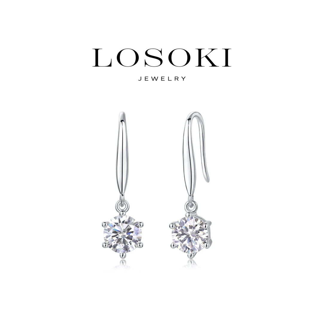 925银莫桑石耳饰 瑞士LOSOKI爆闪女士耳钉单钻勾镀K金耳饰