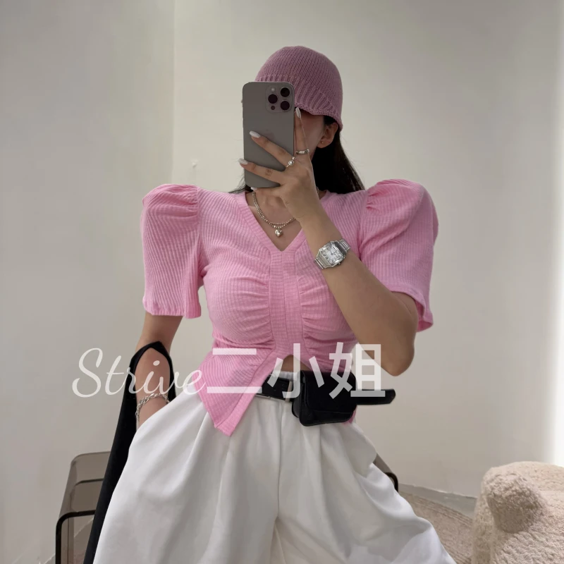 【夏日午后】原单泡菜订制韓泡泡袖开衩v领坑条棉上衣