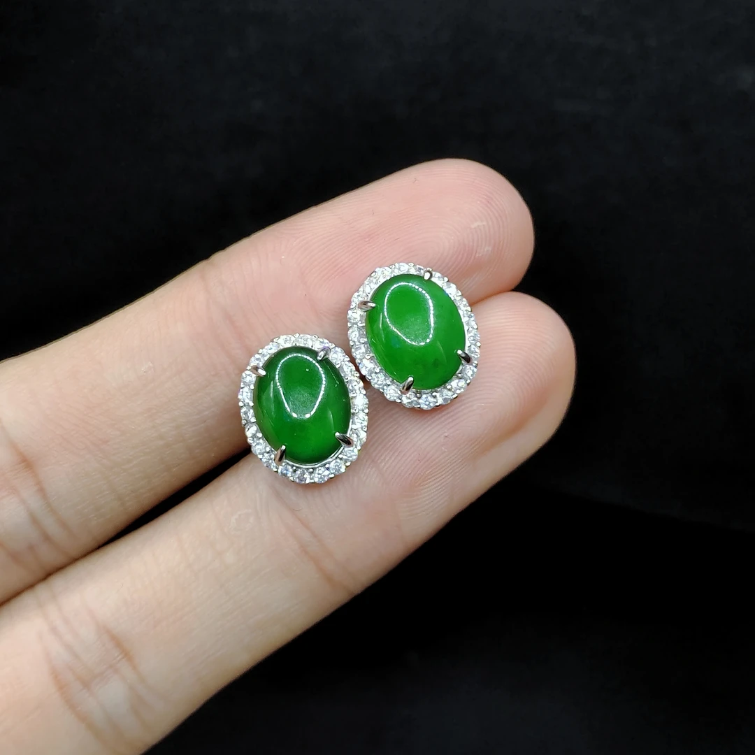 【老三珠宝】翡翠蛋面耳钉Y35-翡翠耳钉【多样性发其一】约12 mm