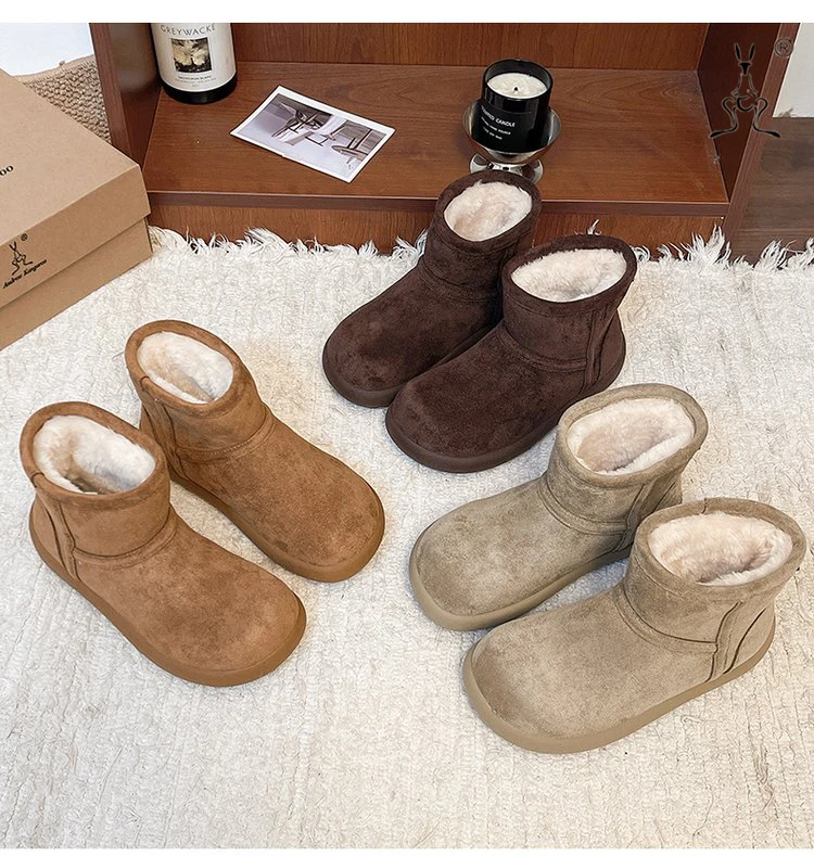 袋鼠防滑加绒厚底雪地靴2025新款冬季保暖爆款棉鞋防水面包雪地棉