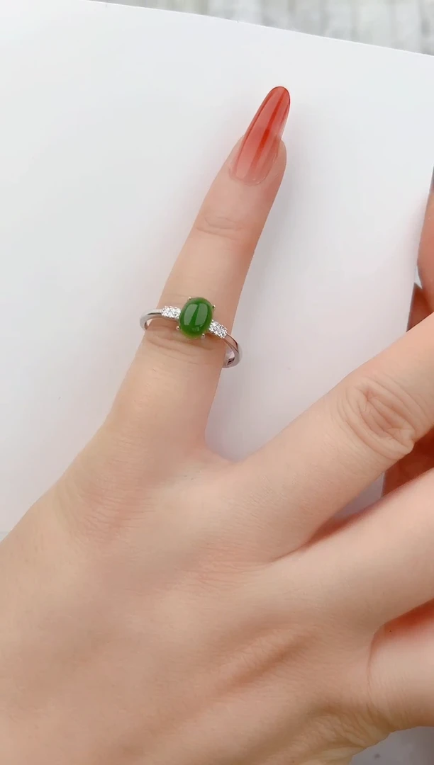 和田玉（碧玉）戒指银S925镶嵌1颜色微差无瑕疵