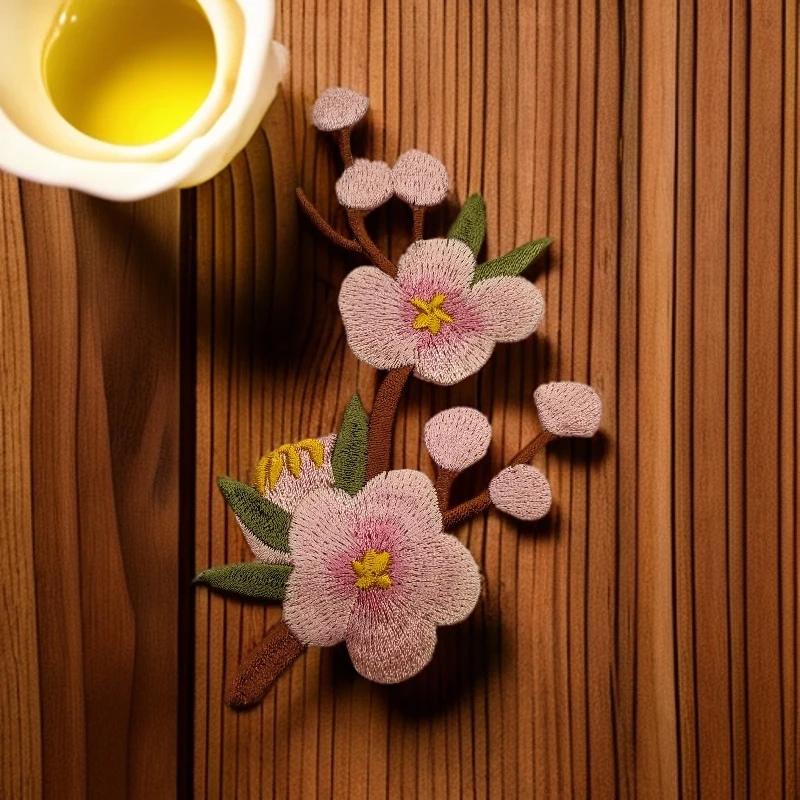 粉色花朵梅花桃花刺绣中式绣花布贴背胶服装红色小花片衣服展示