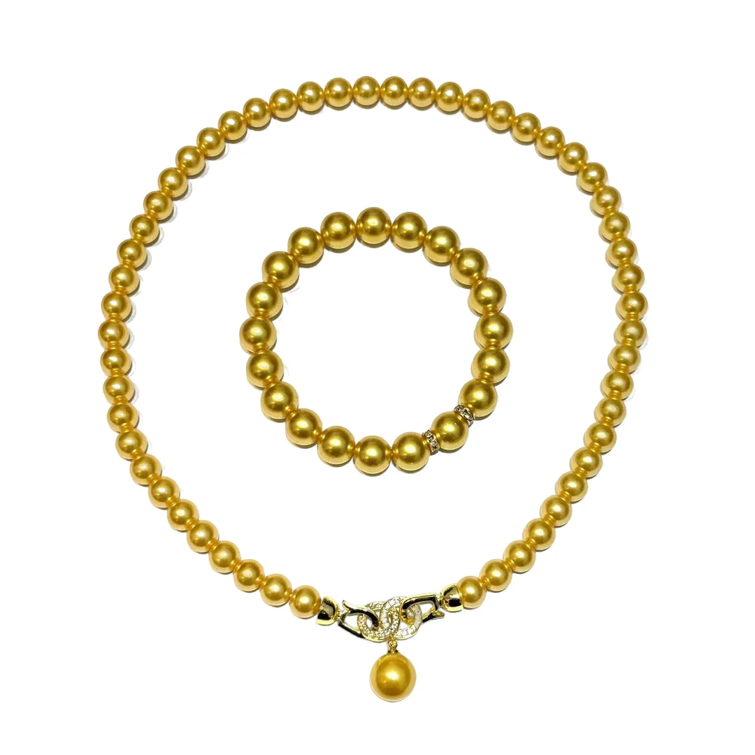 【符老板】s1051-x433-轻奢气质设计款香槟金圆珠贝珠套装-赠礼盒