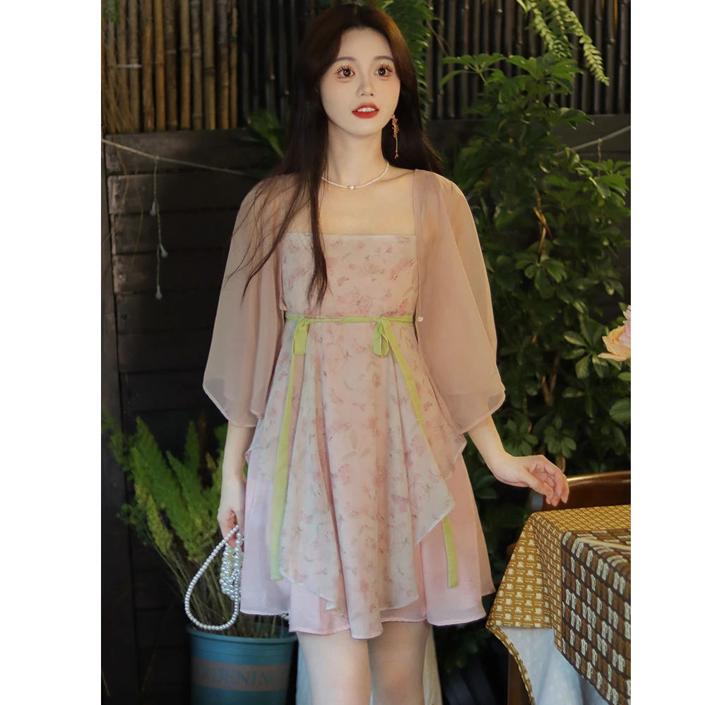 瑶西【落花瑶】粉色短裙夏季穿搭裙子新款汉服新中式连衣裙