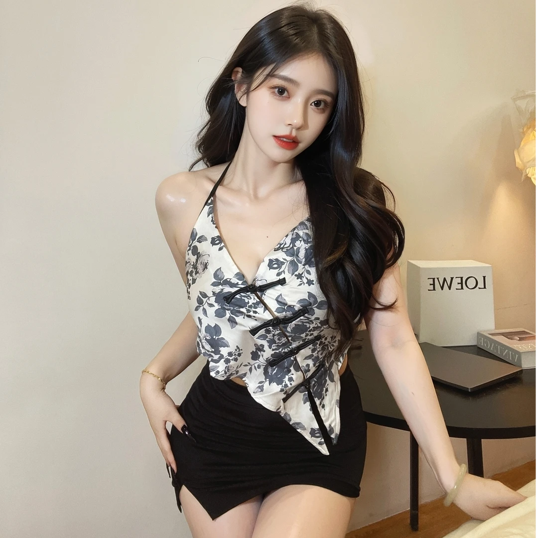 新中式水墨画肚兜性感黑白性感纯欲风漏腰睡衣修身显瘦