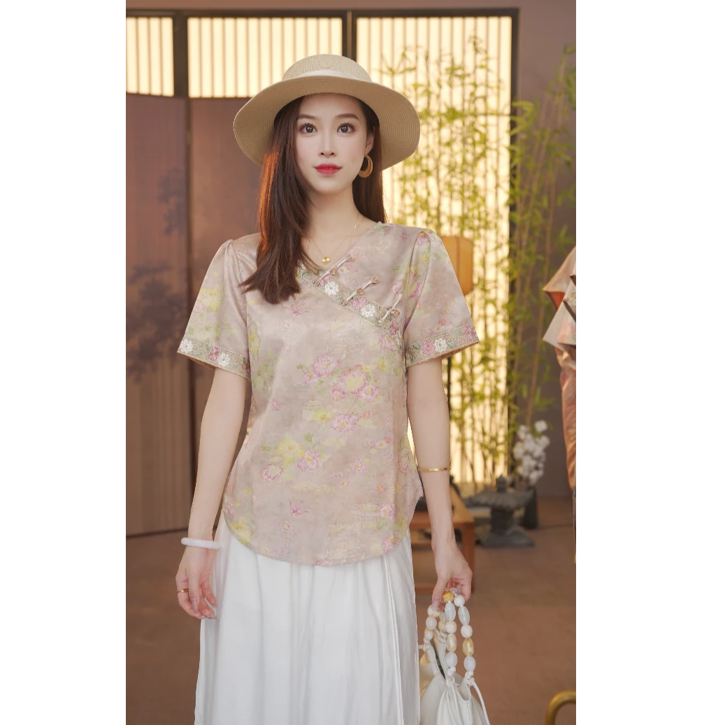 CJ 【牡丹花】新中式2025夏季气质百搭提花短袖上衣女YY25071007