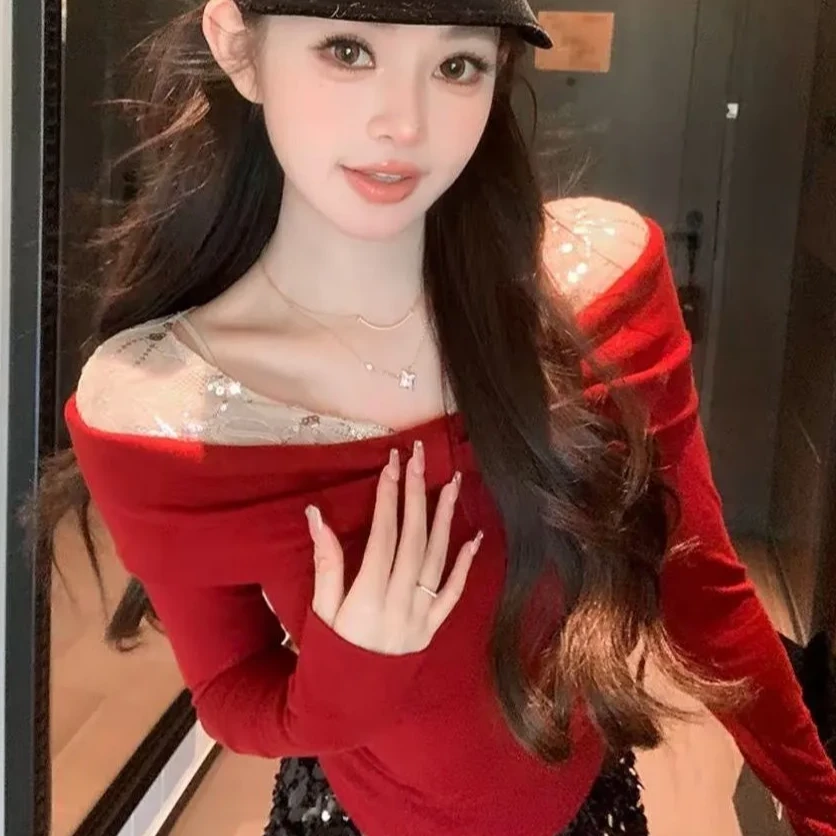 法式氛围感蕾丝亮片拼接蝴蝶结不规则长袖上衣女高级感假两件T恤