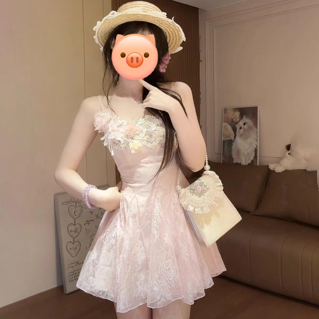 夏季新款甜美纯欲显瘦蕾丝花朵小众长短款吊带连衣裙女