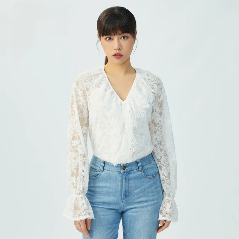 哥弟新款女装气质精致荷叶袖蕾丝透视造型衫长袖V领衬衫女1300672