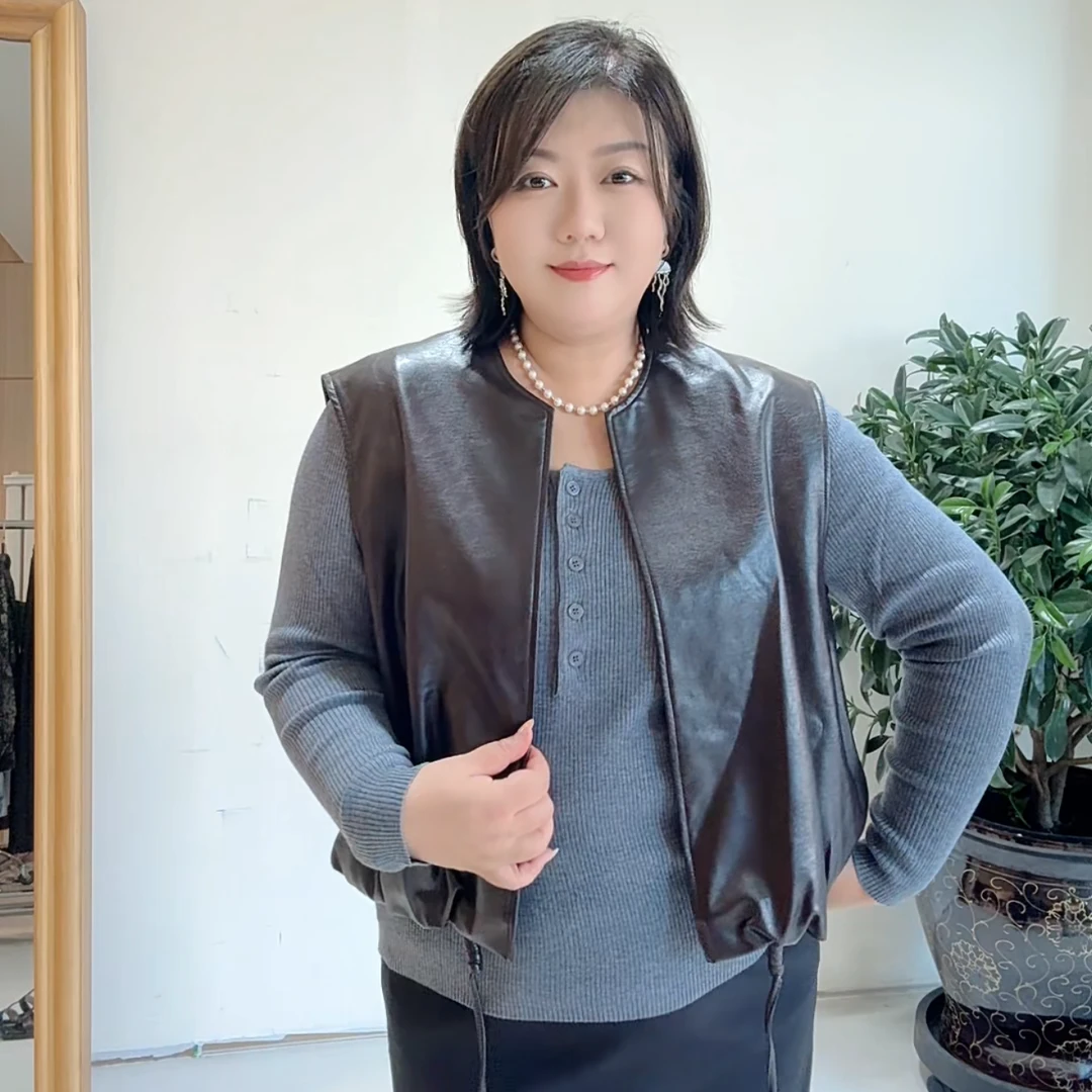 油蜡皮马甲女大码显瘦无袖PU皮背心坎肩衣摆抽绳秋季短款外搭G