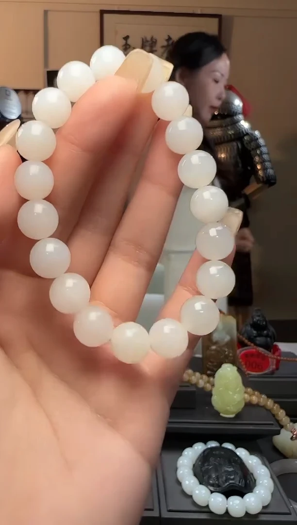 和田玉未镶嵌颈饰白玉圆珠手串