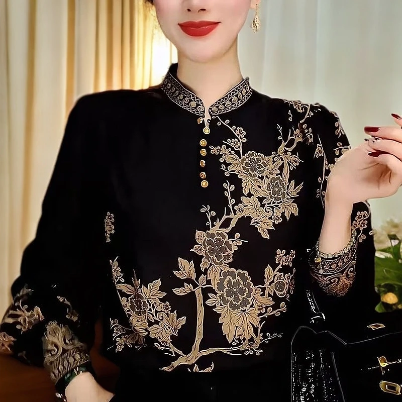 洋气复古印花立领小衫女2025早春新款显瘦宽松女士长袖套头打底衫