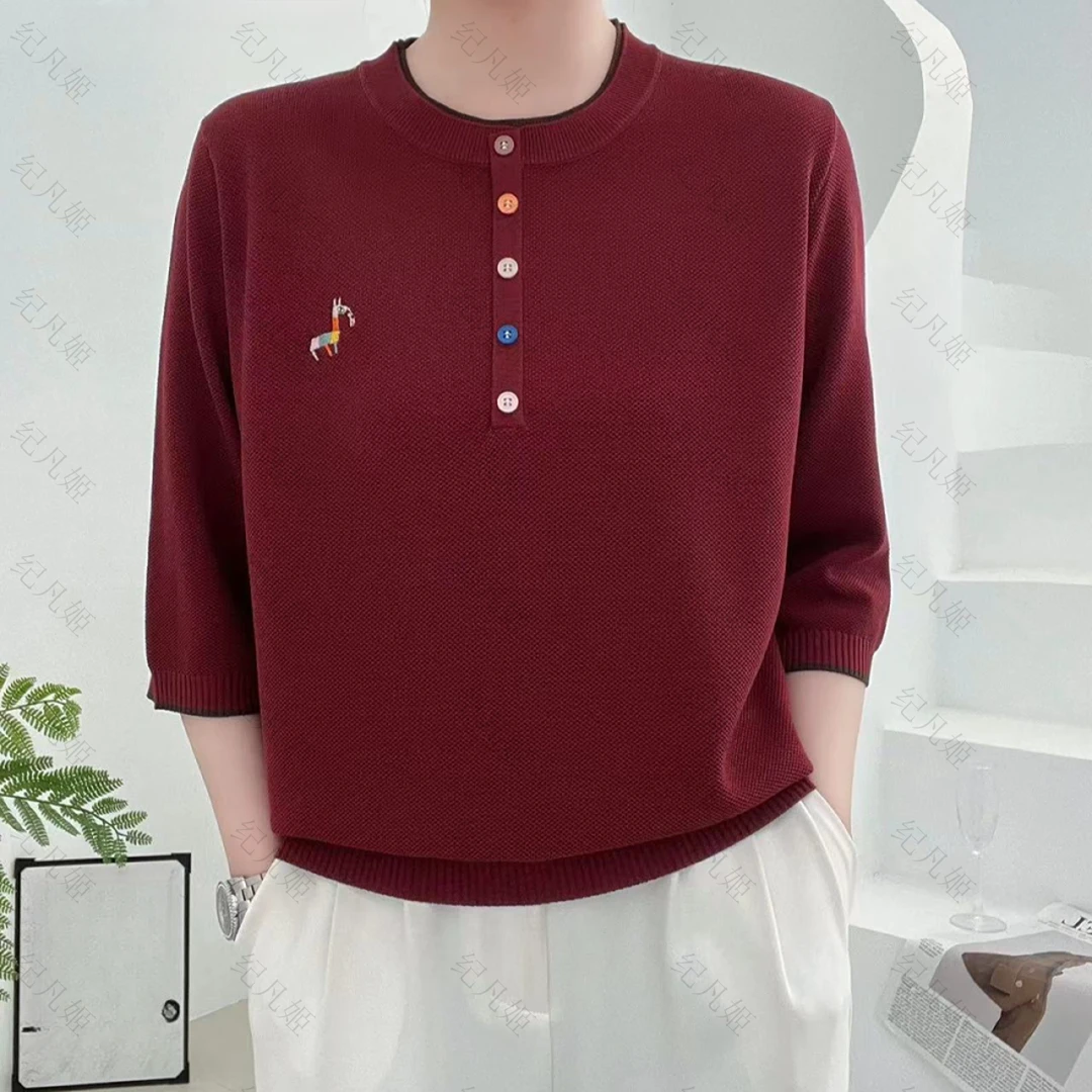 纪凡姬/1102-夏季气质阳光彩虹刺绣小马女时尚撞色领针织衫