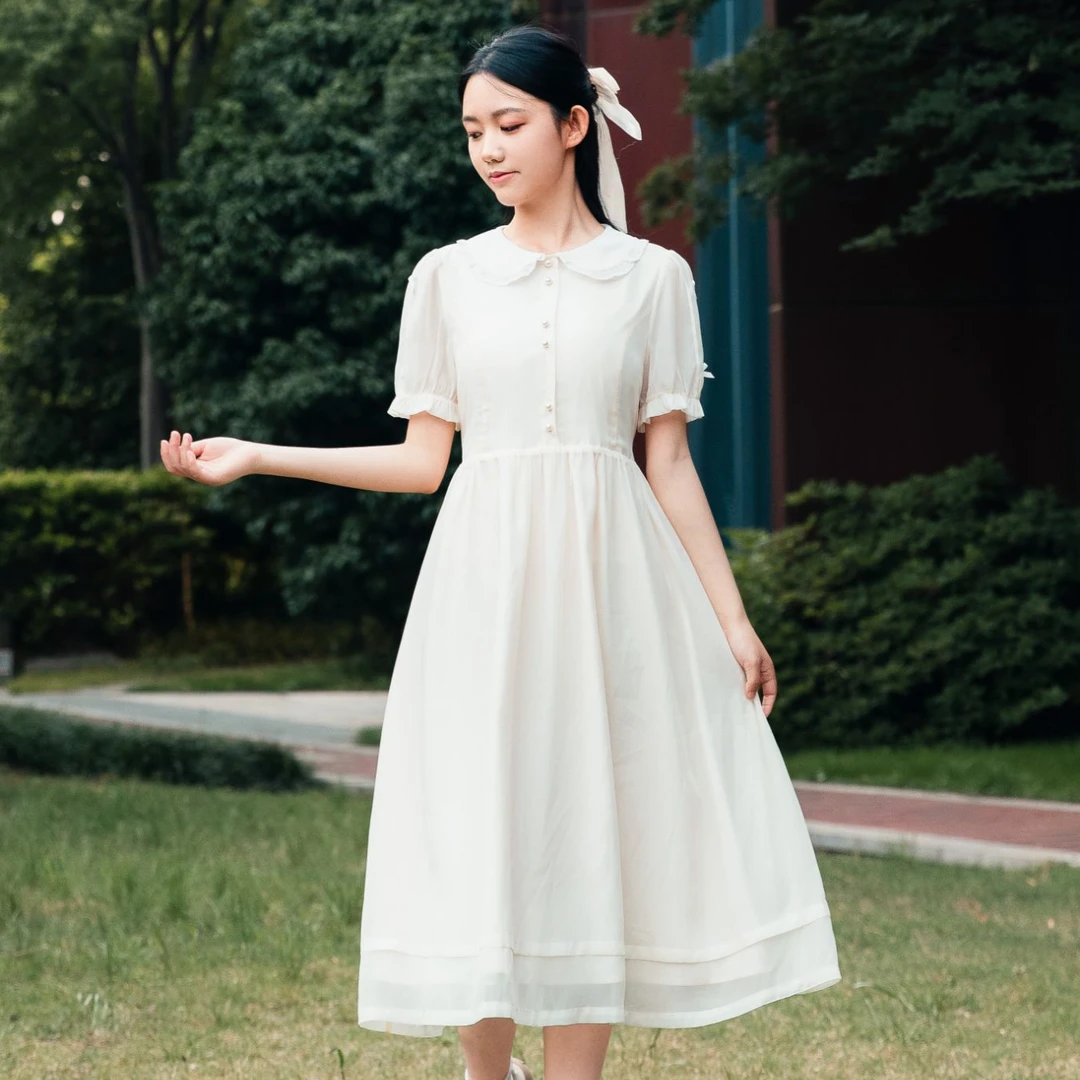 娃娃领收腰A字夏季气质连衣裙甜美温柔显瘦