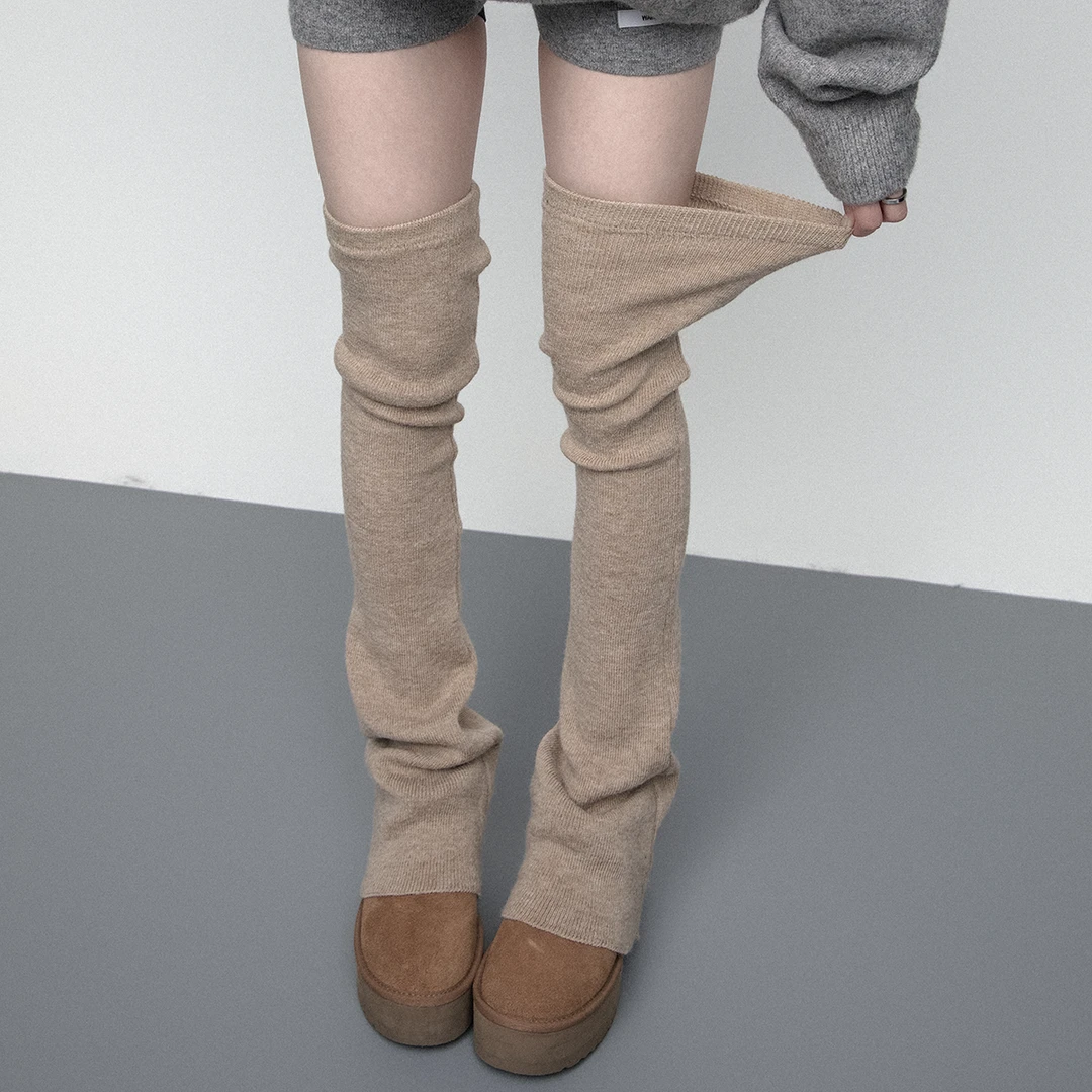 WCH秋冬纯色柔软高弹针织微喇加厚保暖过膝大腿袜堆堆袜套腿套女