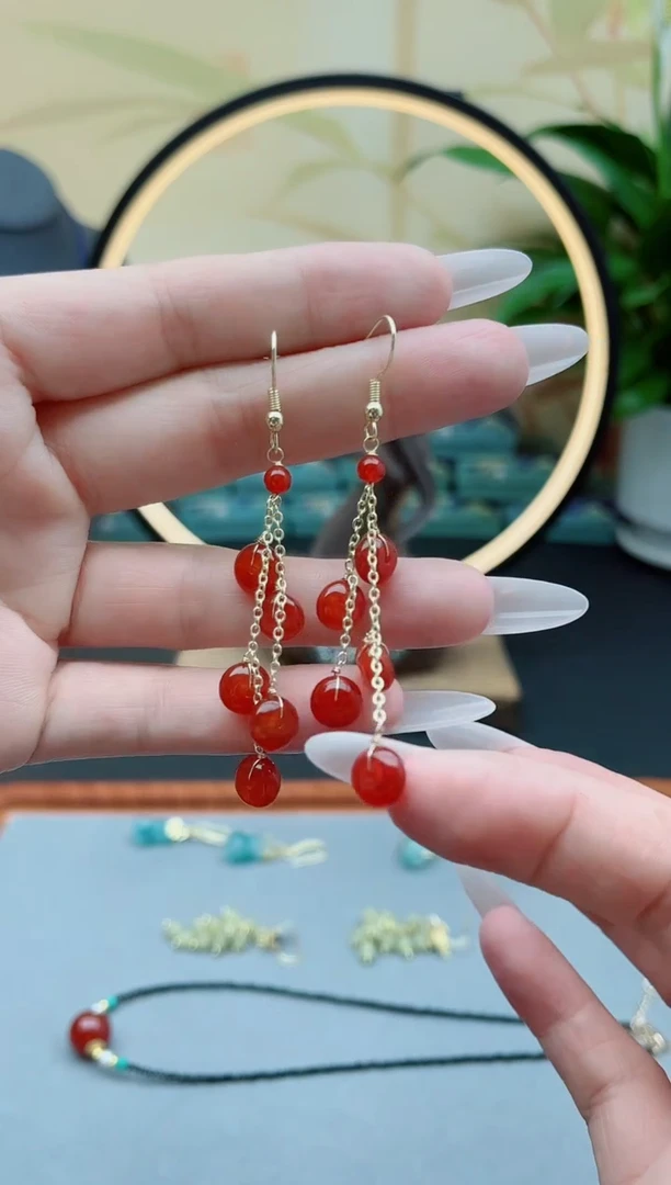 玛瑙/玉髓耳饰银S925镶嵌1算盘珠红