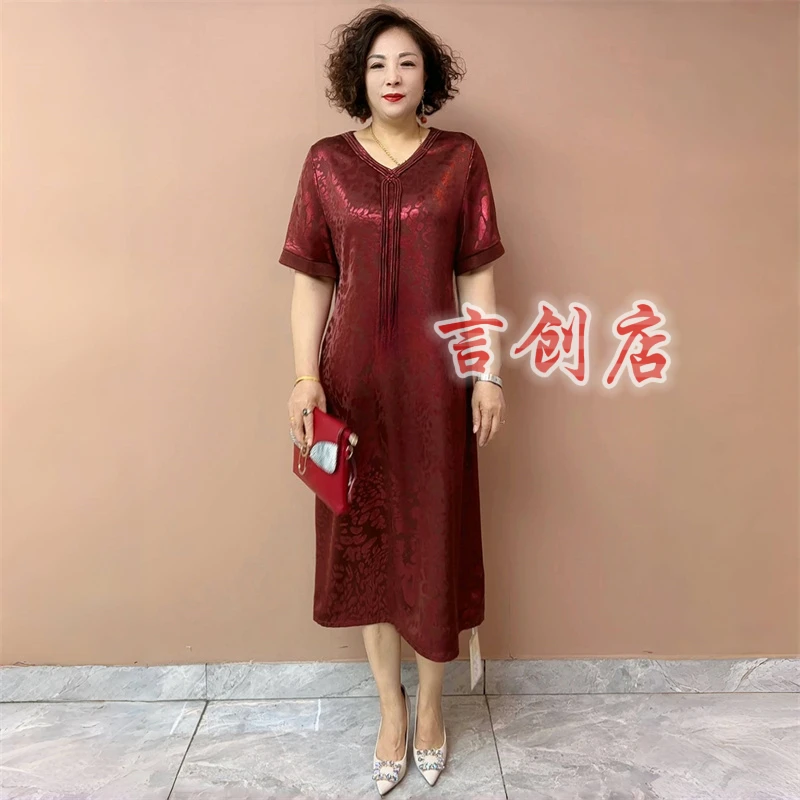 2521国风夏季高端短袖中老年妈妈连衣裙时尚宽松大码遮肉气质长裙