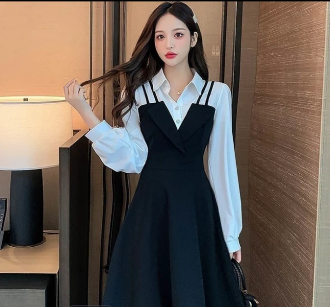 FF3002宽松腰长袖连衣裙法式修身黑长裙春秋假两件法式拼接